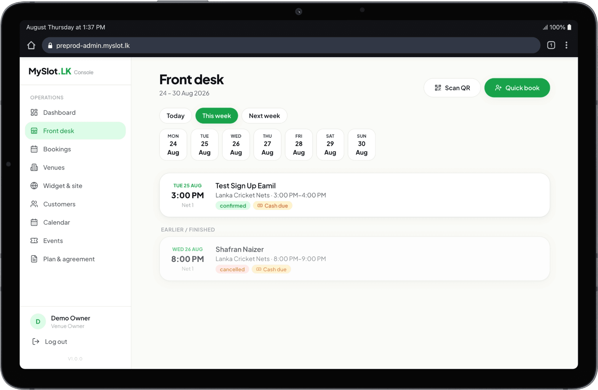 Screenshot: Front-desk & walk-in check-ins